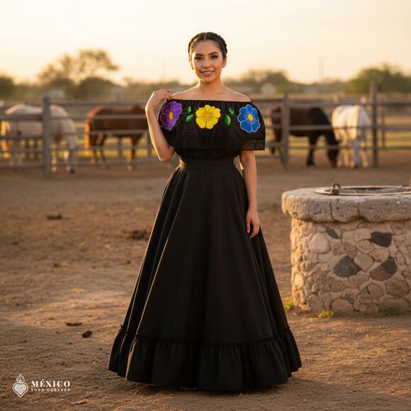 Traditional Mexican Embroidered Floral Dress Set – Handmade Two-Piece - Picture 2 of 8